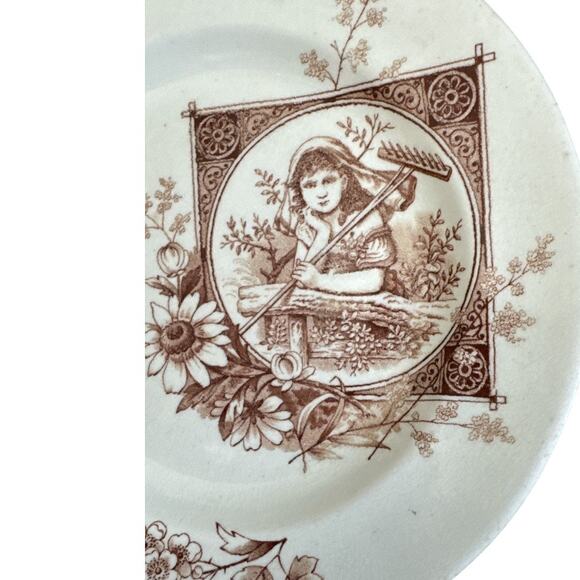 Rare Vintage British Aesthetic Brown Transfer Ware Girl with Rake 8.5” Plate - Picture 4 of 10